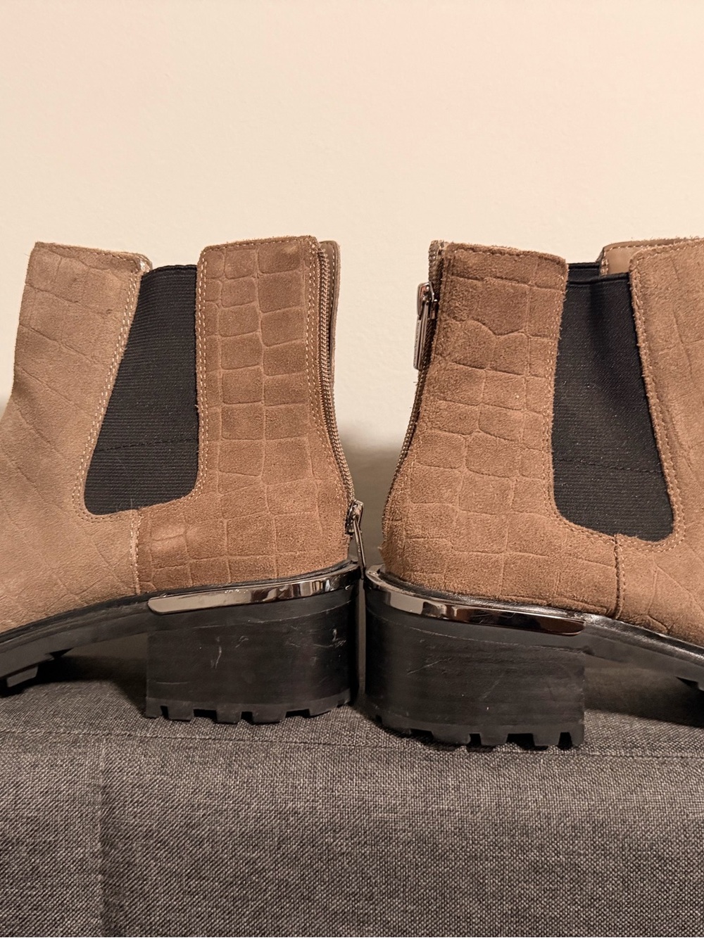 Vince Camuto Taupe Croc-Embossed Suede Chelsea Booties